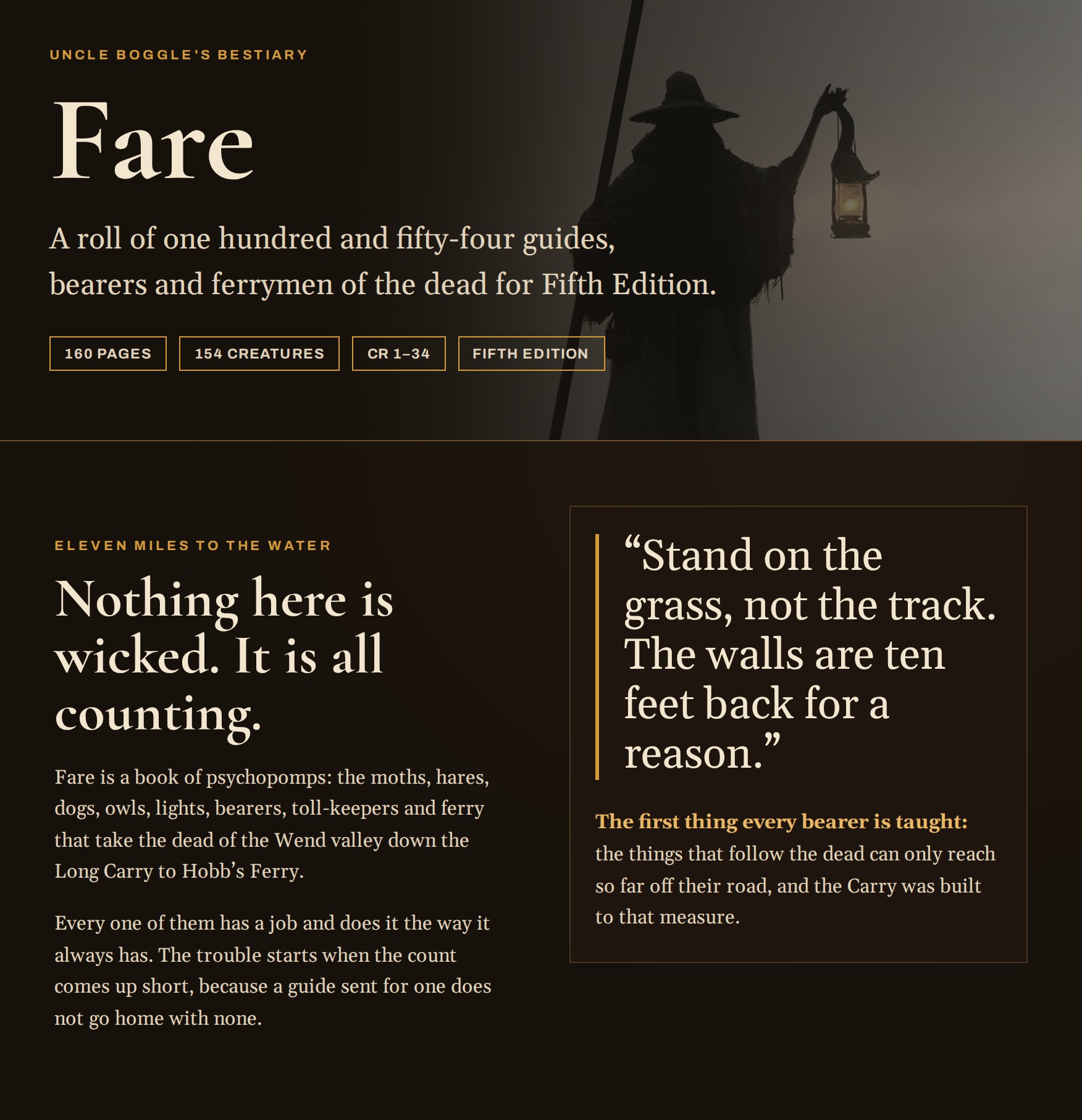 Uncle Boggle's Bestiary: Fare. A roll of one hundred and fifty-four guides, bearers and ferrymen of the dead for Fifth Edition. 160 PAGES 154 CREATURES CR 1–34 FIFTH EDITION