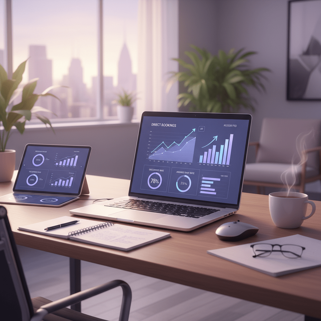 Hotel marketing dashboard showing direct booking growth and SEO analytics