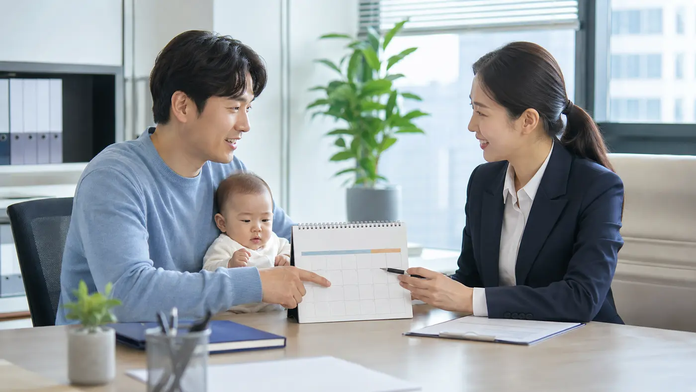 단기 육아휴직 일정을 인사담당자와 협의하는 한국인 직장인 아빠