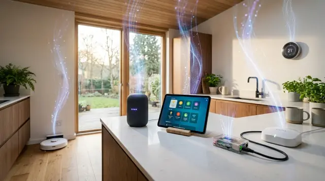 Modern kitchen with smart home devices emitting ethereal data streams at dawn
