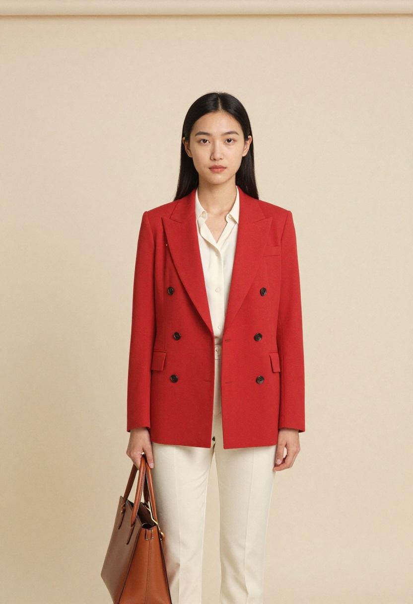 Rich crimson double breasted blazer over ivory blouse with tailored trousers for a commanding office look