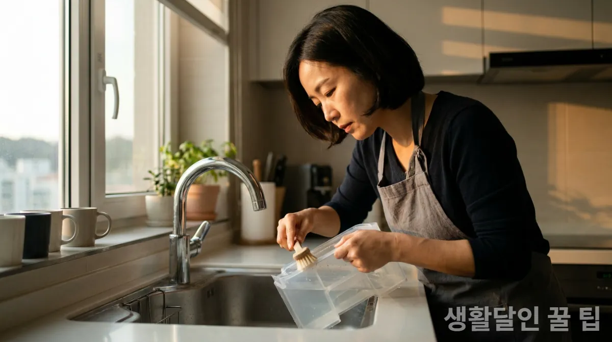 30대 한국인 여성이 제습기 물통을 깨끗하게 닦는 모습, 청결한 주방 배경