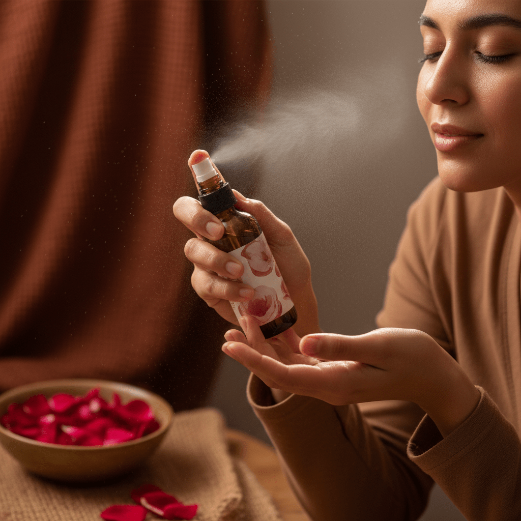 A close-up skincare routine with diluted glycerine mist on damp skin