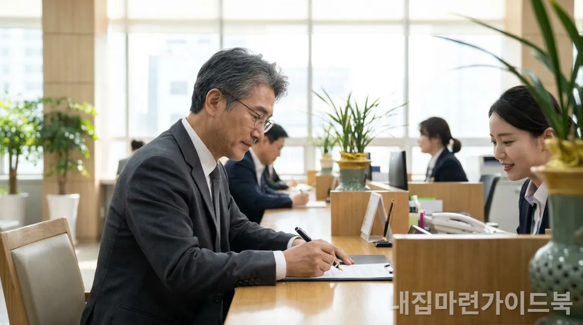 50대 한국인 남성이 계약서에 서명하며 안정감을 느끼는 모습, 은행 창구 배경