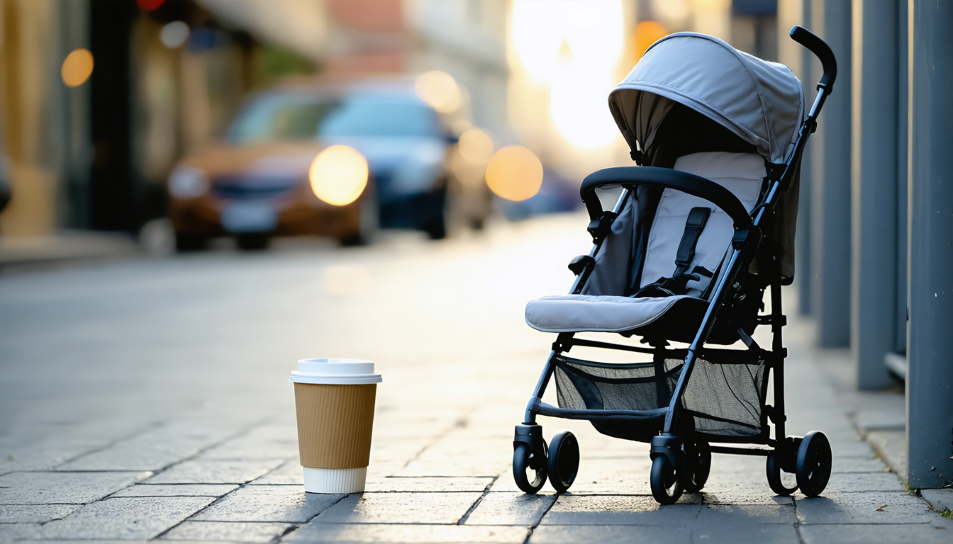 A folded stroller resting on a sidewalk next to a paper coffee cup in soft morning light.