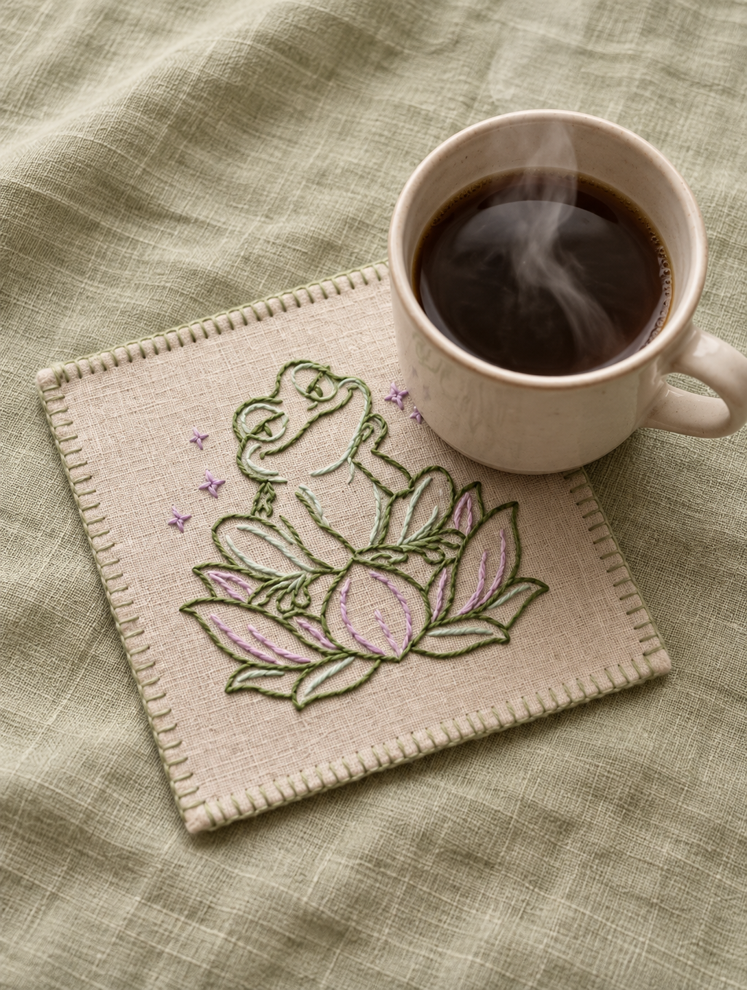 Smug Frog on Lotus embroidery design shown on a chosen surface