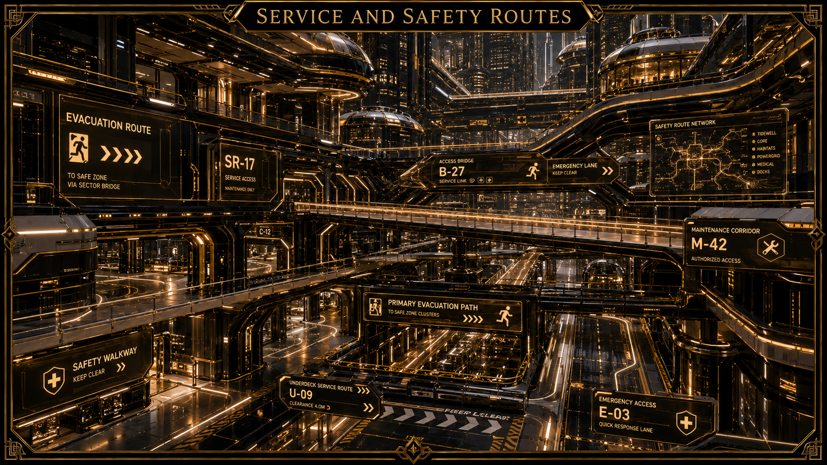 Service and Safety Routes, a black and gold Skyward safety network with evacuation signs, access bridges, service corridors, emergency lanes, maintenance routes, and safety walkway displays