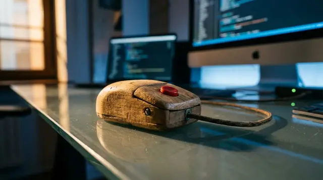 Vintage hand-carved wooden computer mouse on modern glass desk, warm dramatic lighting
