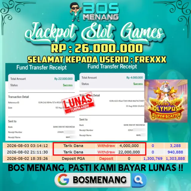 Tanggal 02 AGUSTUS 2026 - JACKPOT SLOT GAMES - Gates Of Olympus Super Scatter (Pragmatic Play)  Rp 26.000.000,-