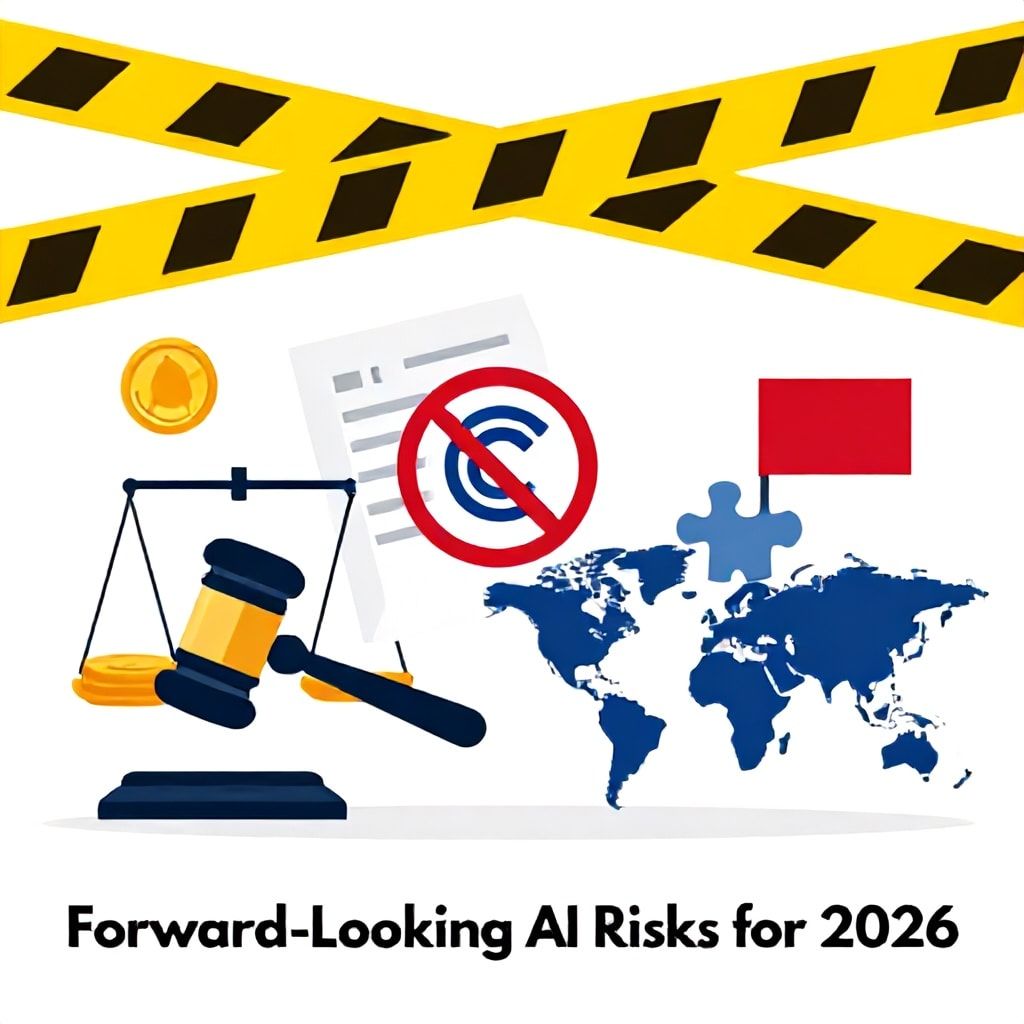 Illustration of emerging AI risks: copyright litigation, regulation, and geopolitical barriers