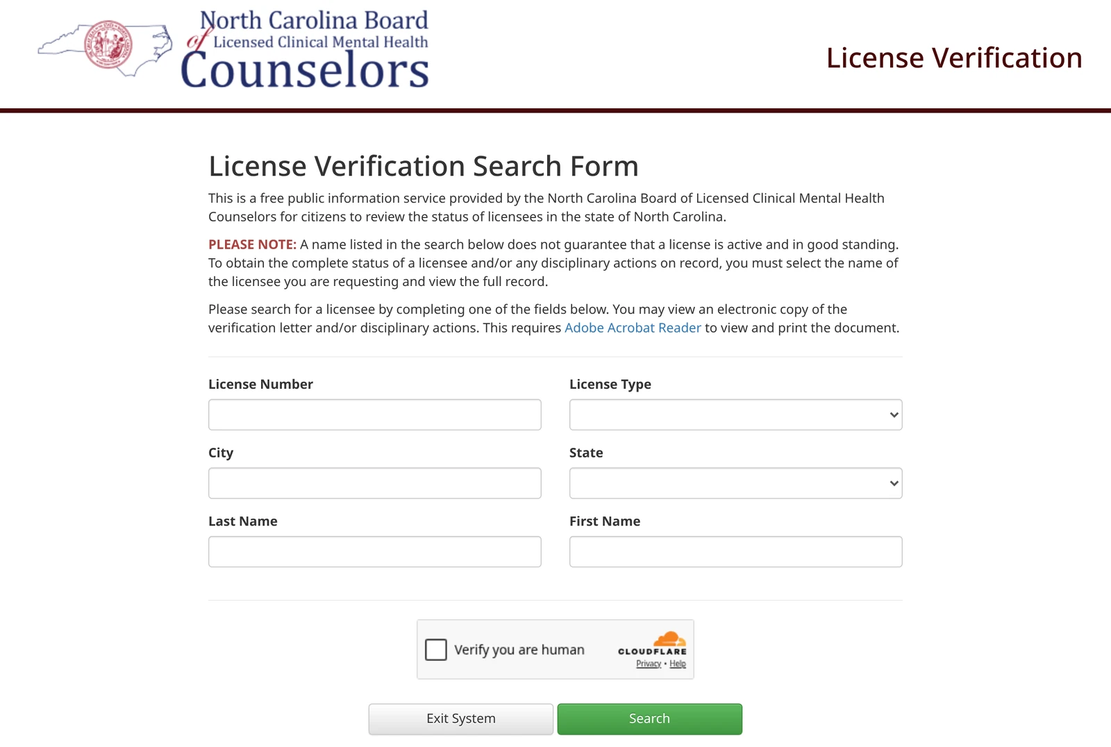 The North Carolina counseling board's License Verification form with empty fields for license number, license type, city, state, last name and first name, a Cloudflare human check and a Search button
