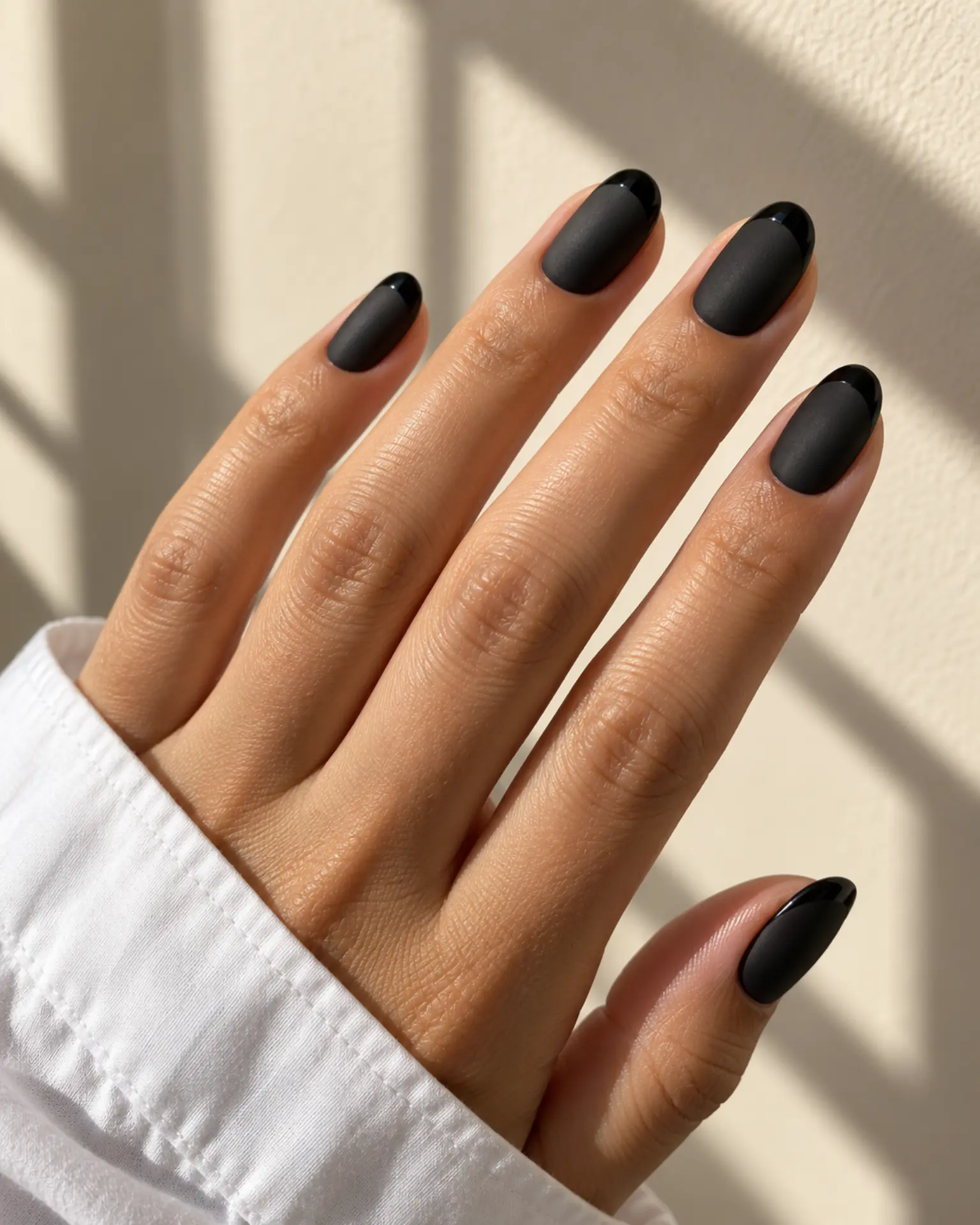 Black Matte + Gloss Tip manicure inspiration for black nail ideas