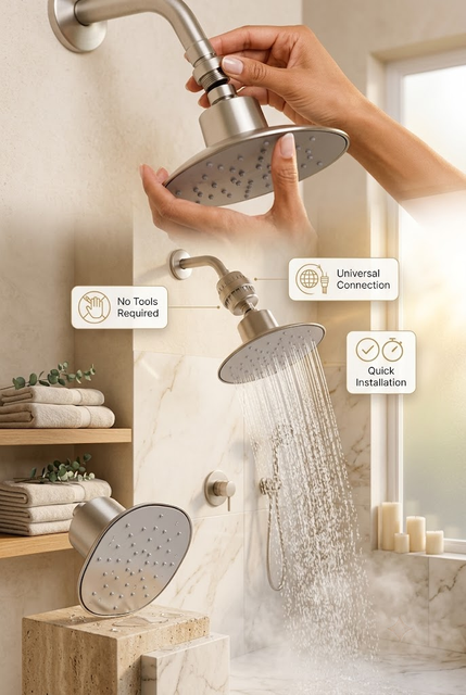 Hands installing a modern shower head onto a standard pipe