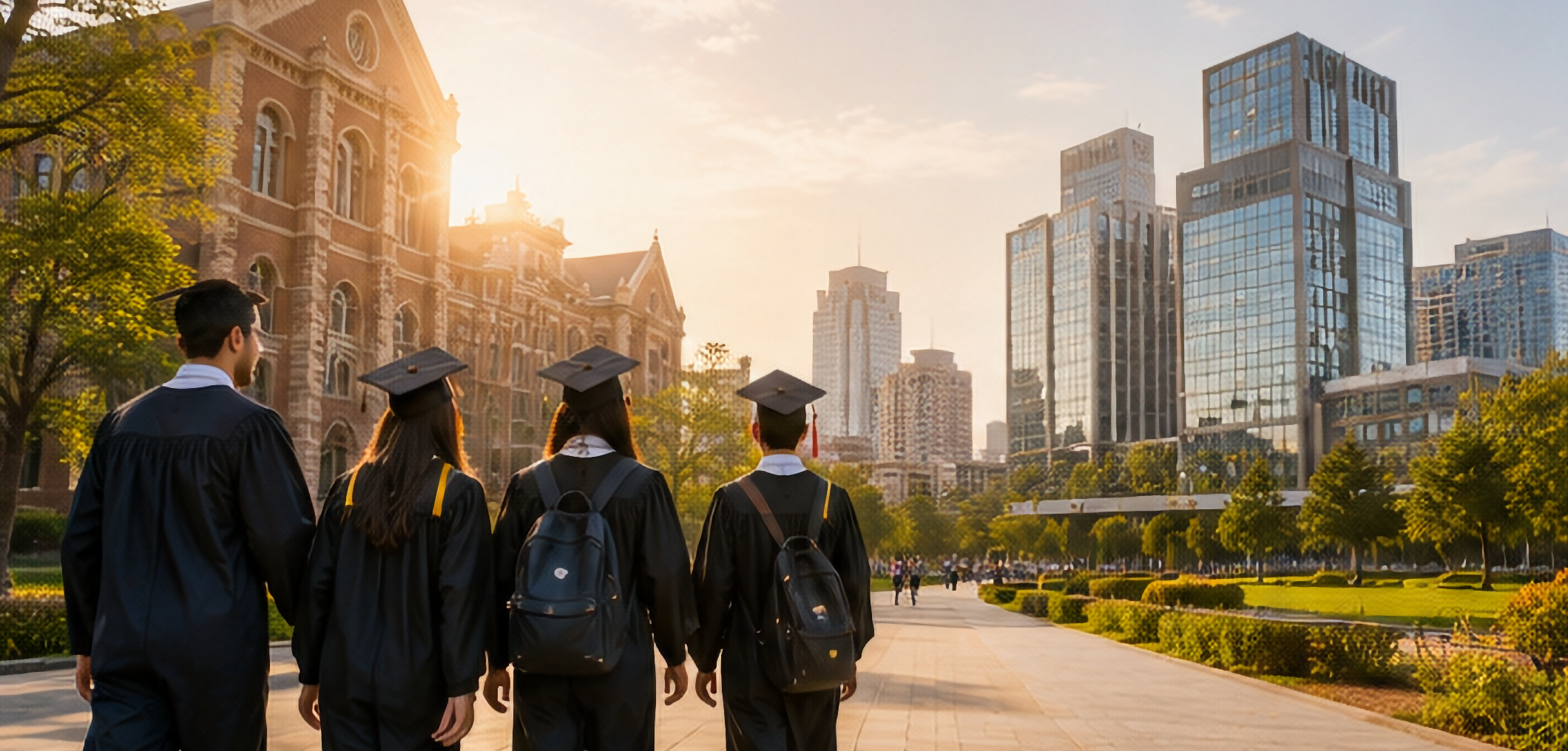 Graduates walking towards city