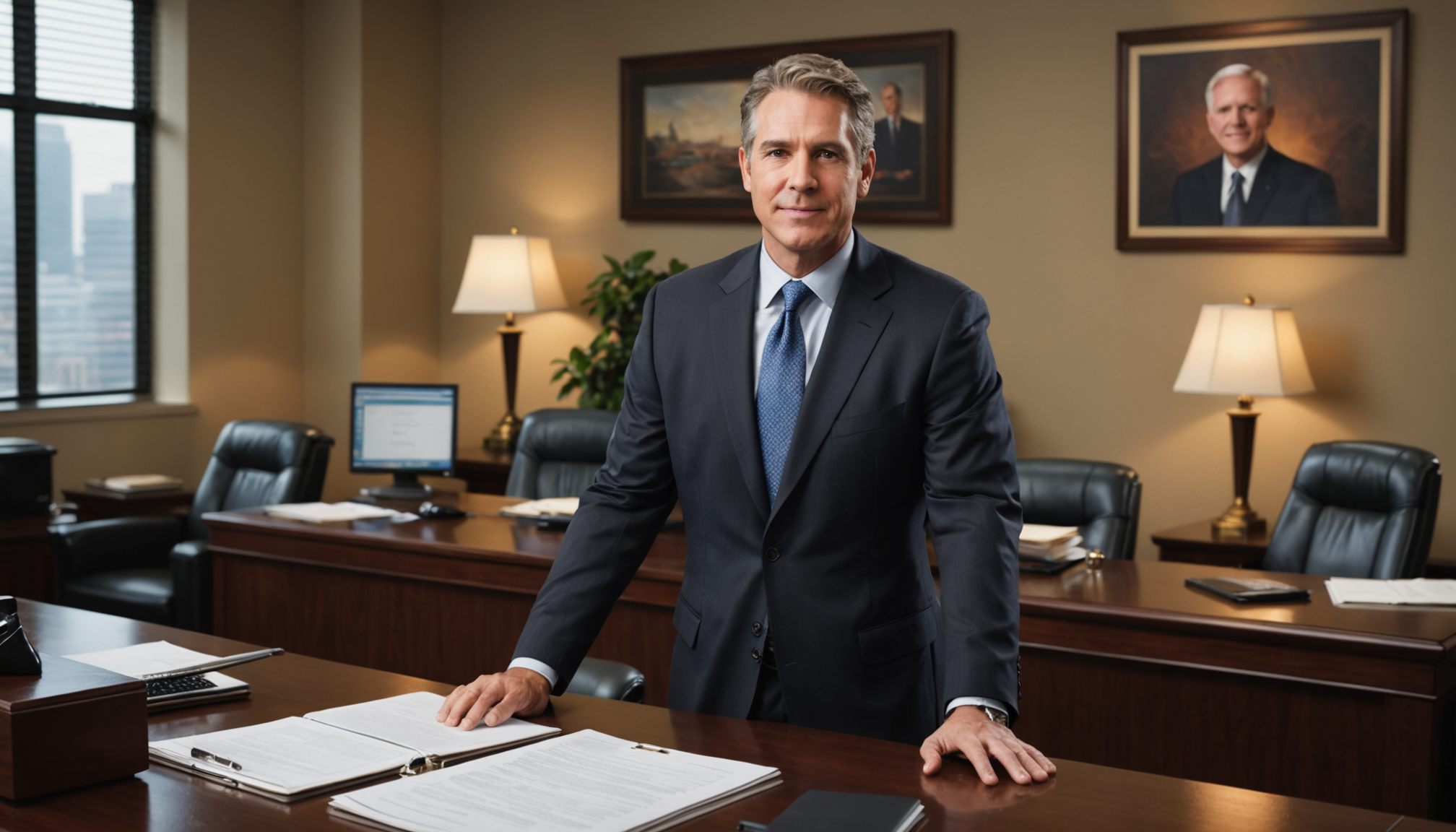 Attorney working in modern office, justice and advocacy symbols