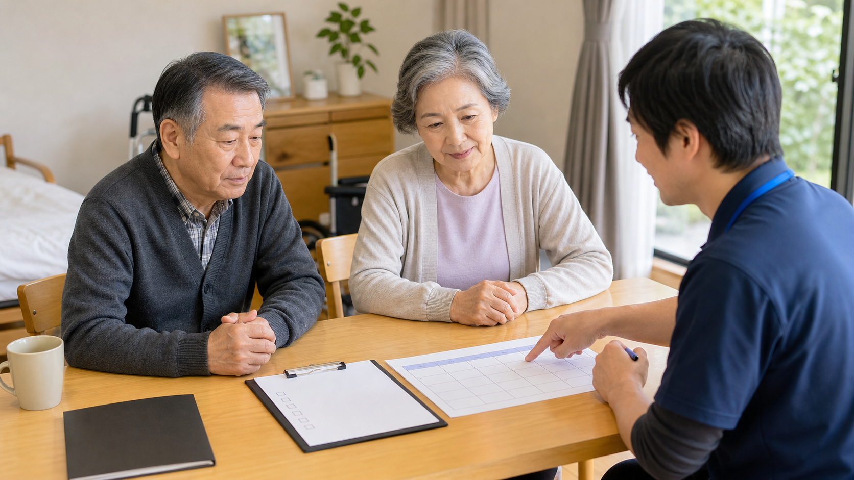 専門職が排尿の状況を聞き取り計画的なケアを相談する場面