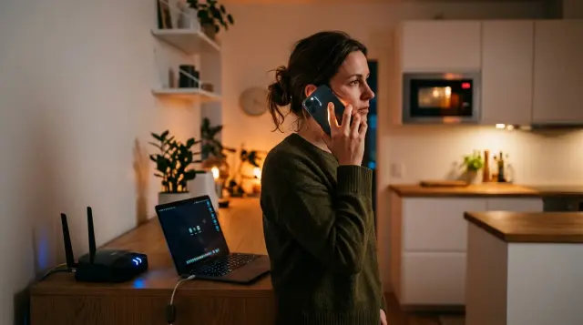 Person surrounded by smartphone, router, and household electronics in moody ambient lighting
