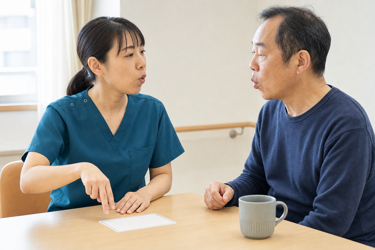 手でゆっくり拍を取りながら短い言葉を練習する様子