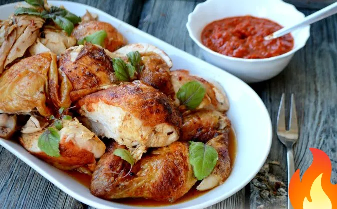 Постер Запечённая курица на пиве, с соусом из сладкого перца