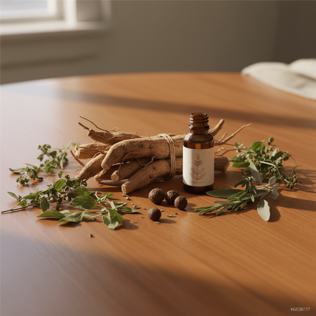 Ashwagandha roots and oil bottle in a wellness tabletop scene