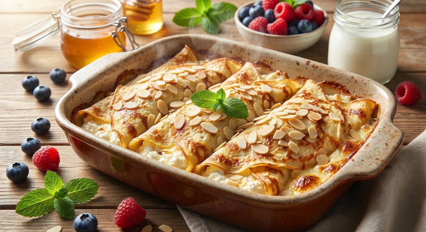 Zapiekane nalesniki z serem ricotta i migdalami.