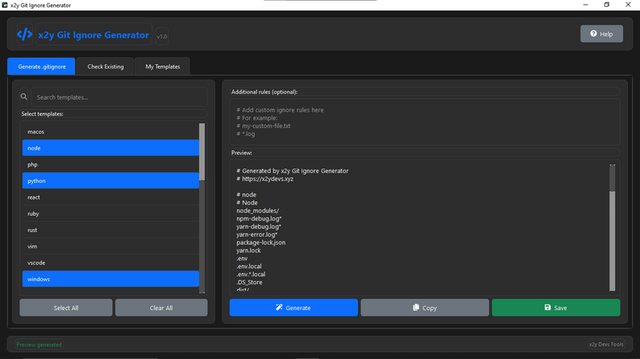 x2y GitIgnore Generator interface showing the Generate tab with a template selector checklist for languages and frameworks alongside a live preview of the generated gitignore rules