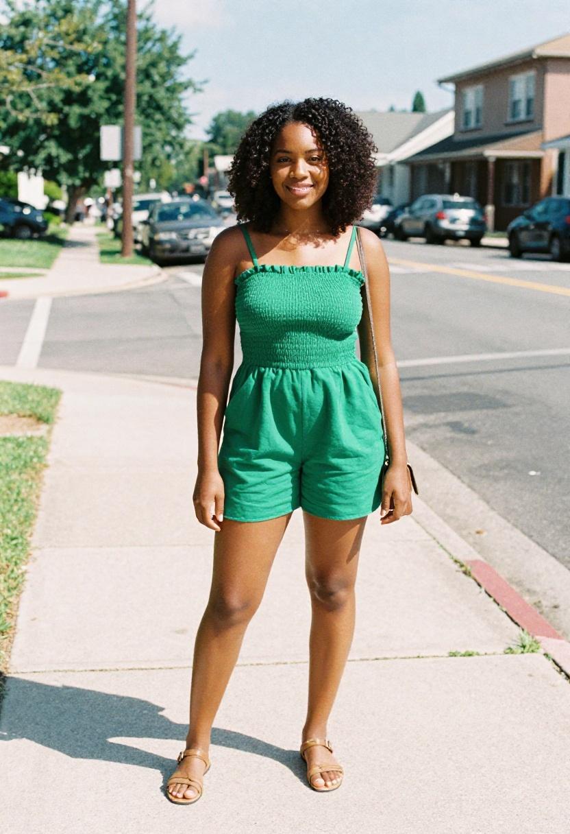 Emerald green smocked romper with strappy sandals for vibrant spring city style