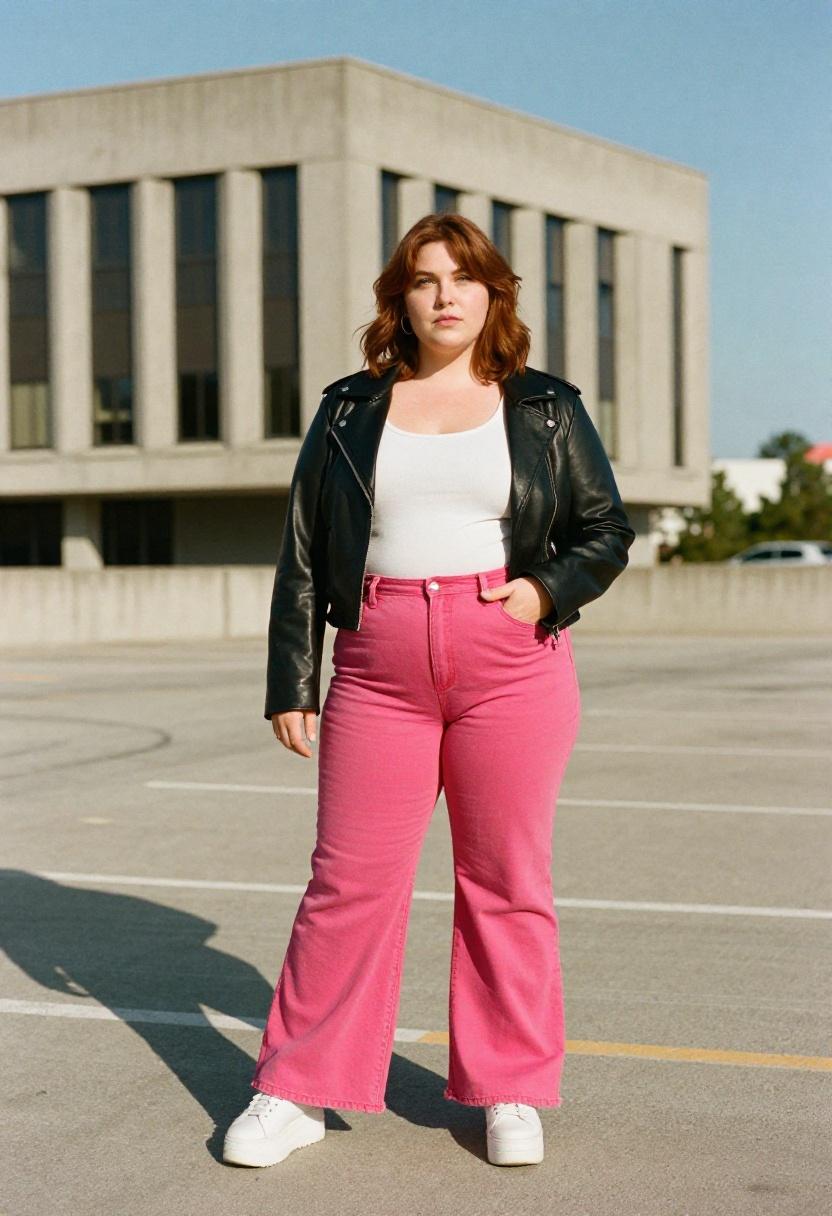 Curvy woman in magenta flare jeans and cropped leather jacket in urban parking lot