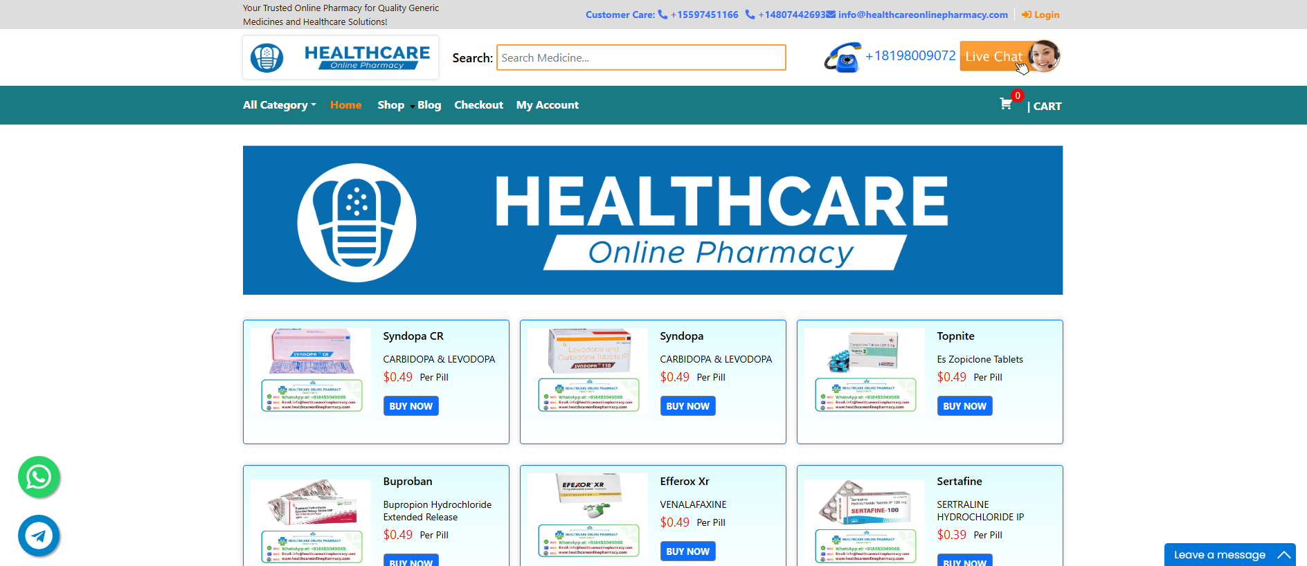 Forensic screenshot of healthcareonlinepharmacy.com showing the phishing page layout