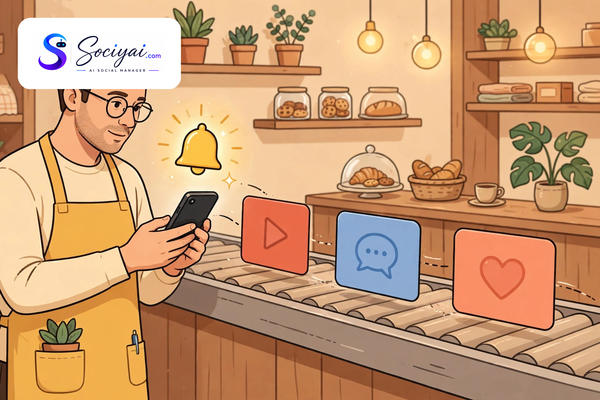 Illustration of a local business owner glancing at a smartphone showing a post-approval notification while social media icons post automatically in the background