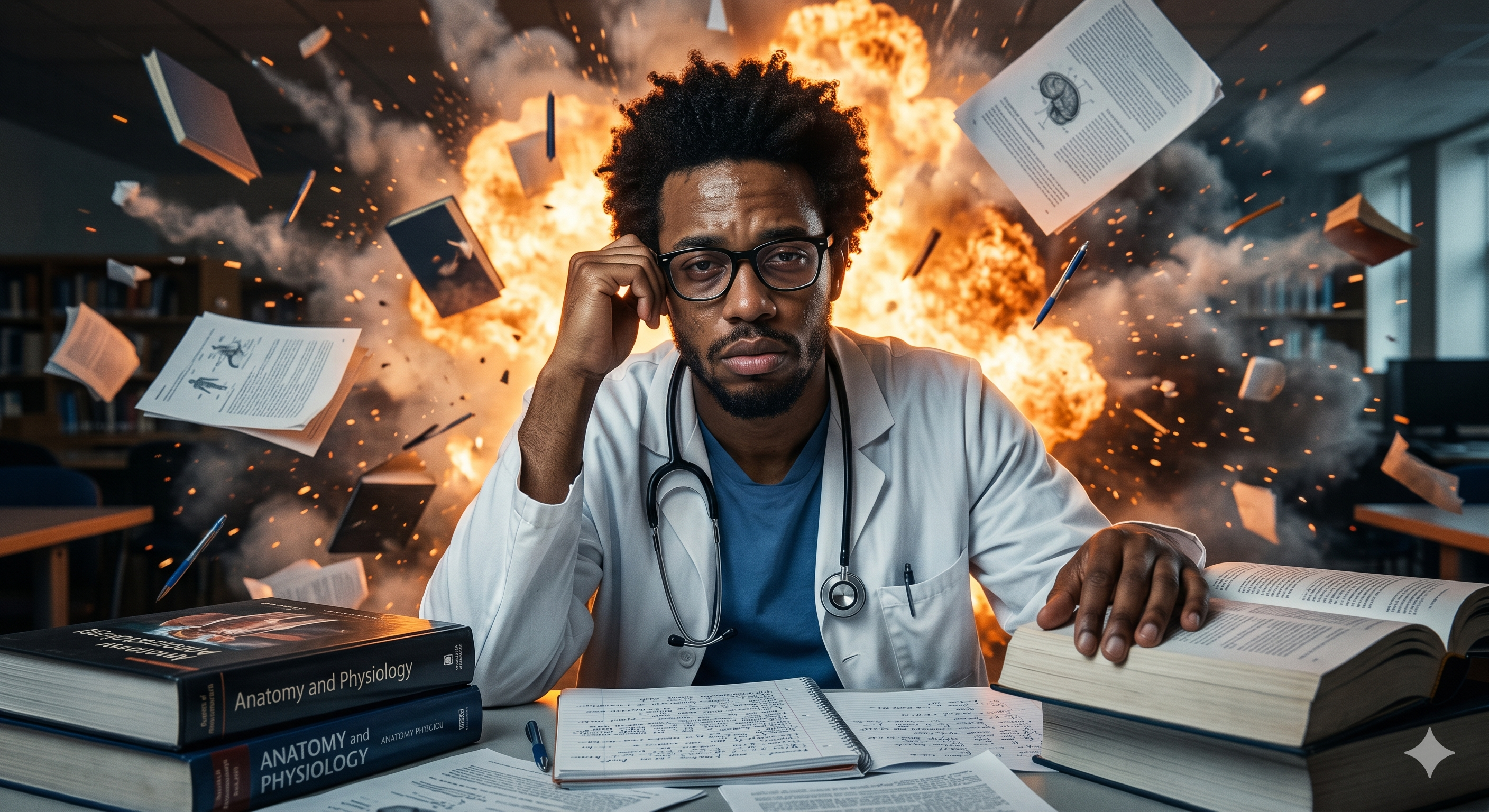 Estudante de saúde esgotado com jaleco, livros de Anatomia e Fisiologia e expressão de desespero