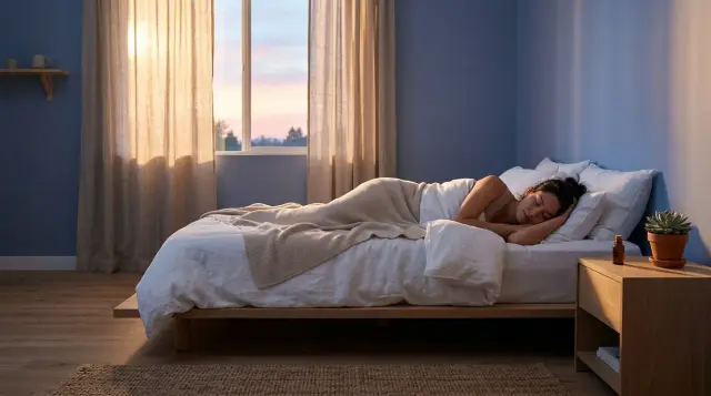 Person sleeping peacefully in minimalist bedroom bathed in warm dawn light, serene mood
