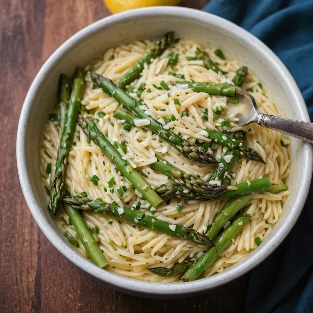 Lemon Garlic Orzo with Asparagus Cream Sauce