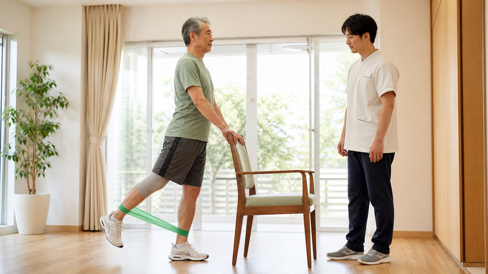 TKA後に椅子を支えとして低負荷の下肢筋力練習を行う場面