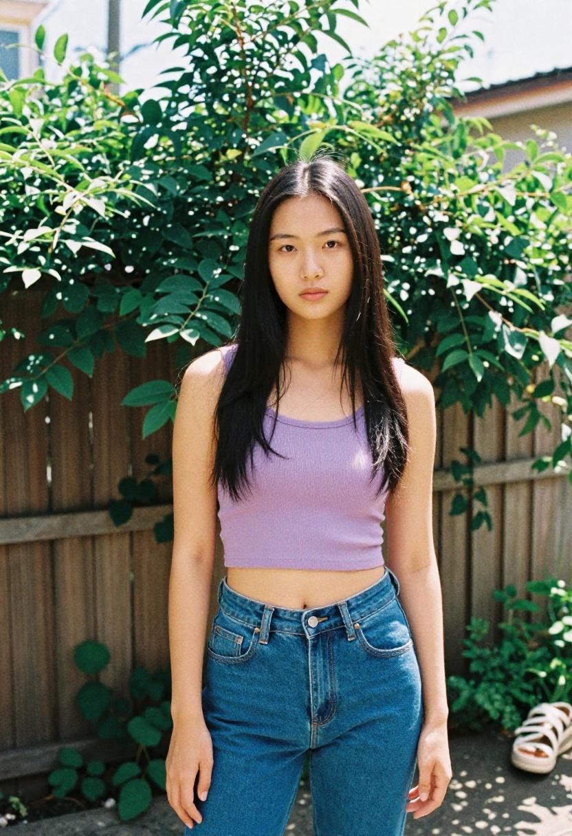 Cobalt blue low rise jeans with a ribbed lilac crop tank in a sun-filled backyard, minimal Y2K statement