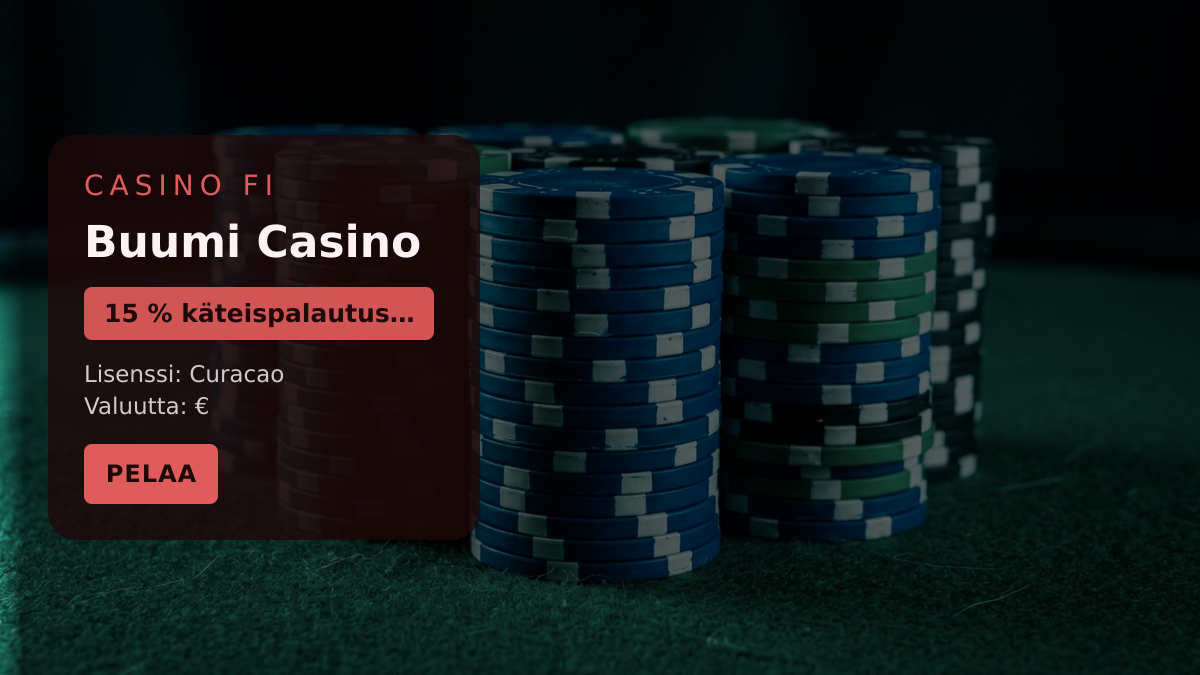 Buumi Casino kasino  tervetuliaisbonus 15 % kteispalautus on sivuston keskeinen omin, maksutavat: Visa, Mastercard, MiFinity, Jeton, Bitcoin
