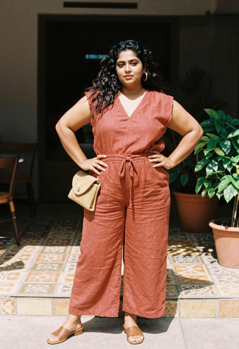 Terracotta linen co-ord set as spring capsule essential for curvy women