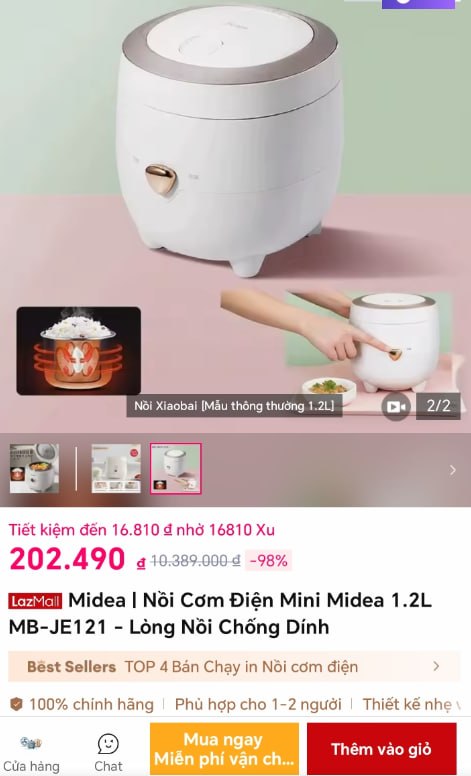 Midea | Nồi Cơm Điện Mini Midea 1.2L MB-JE121 - Lòng Nồi Chống Dính
