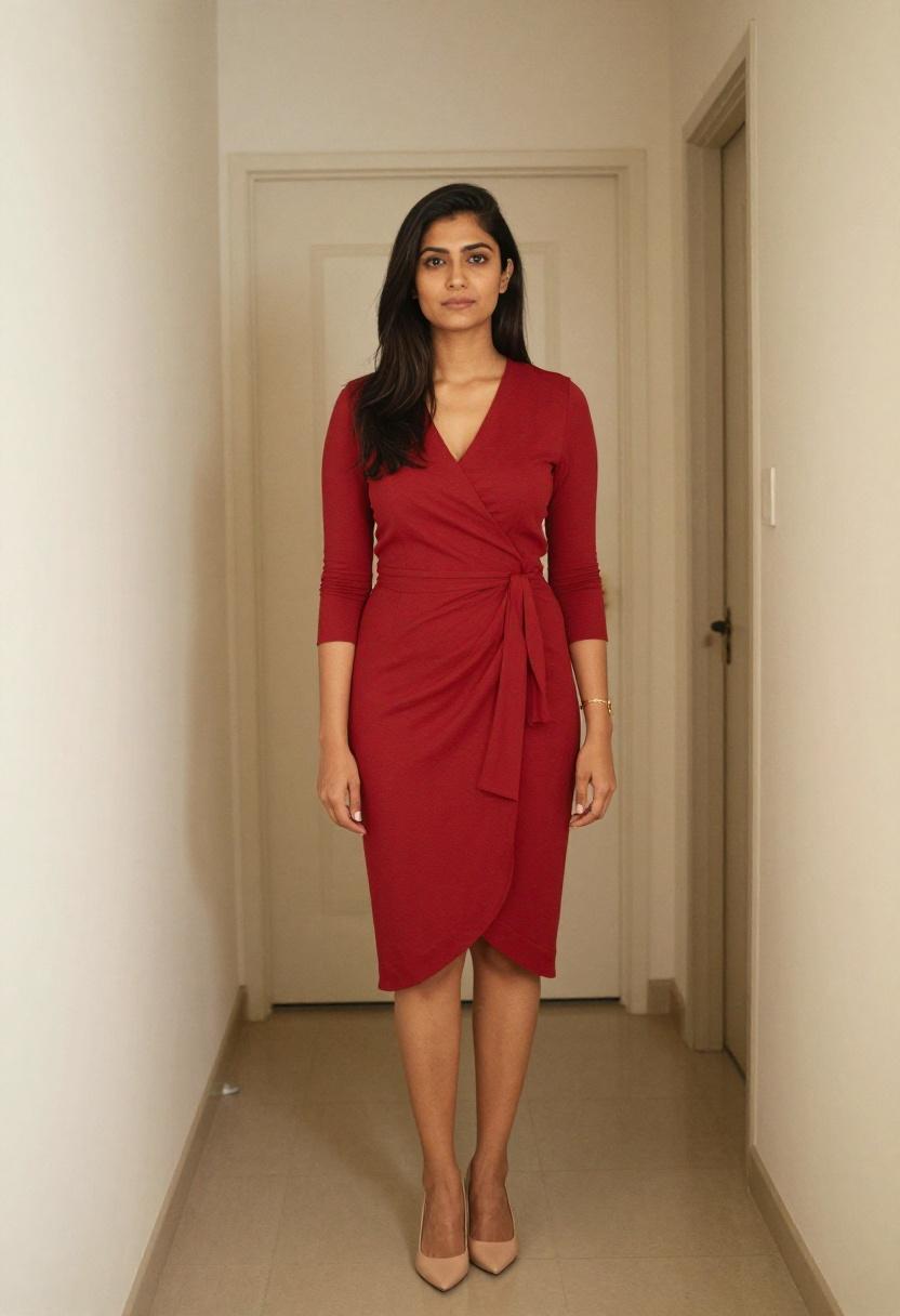 Cherry red wrap midi dress with nude pumps for polished work from home productivity