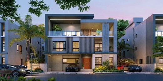 Modern minimalist G+2 luxury villa facade in Gandipet Hyderabad