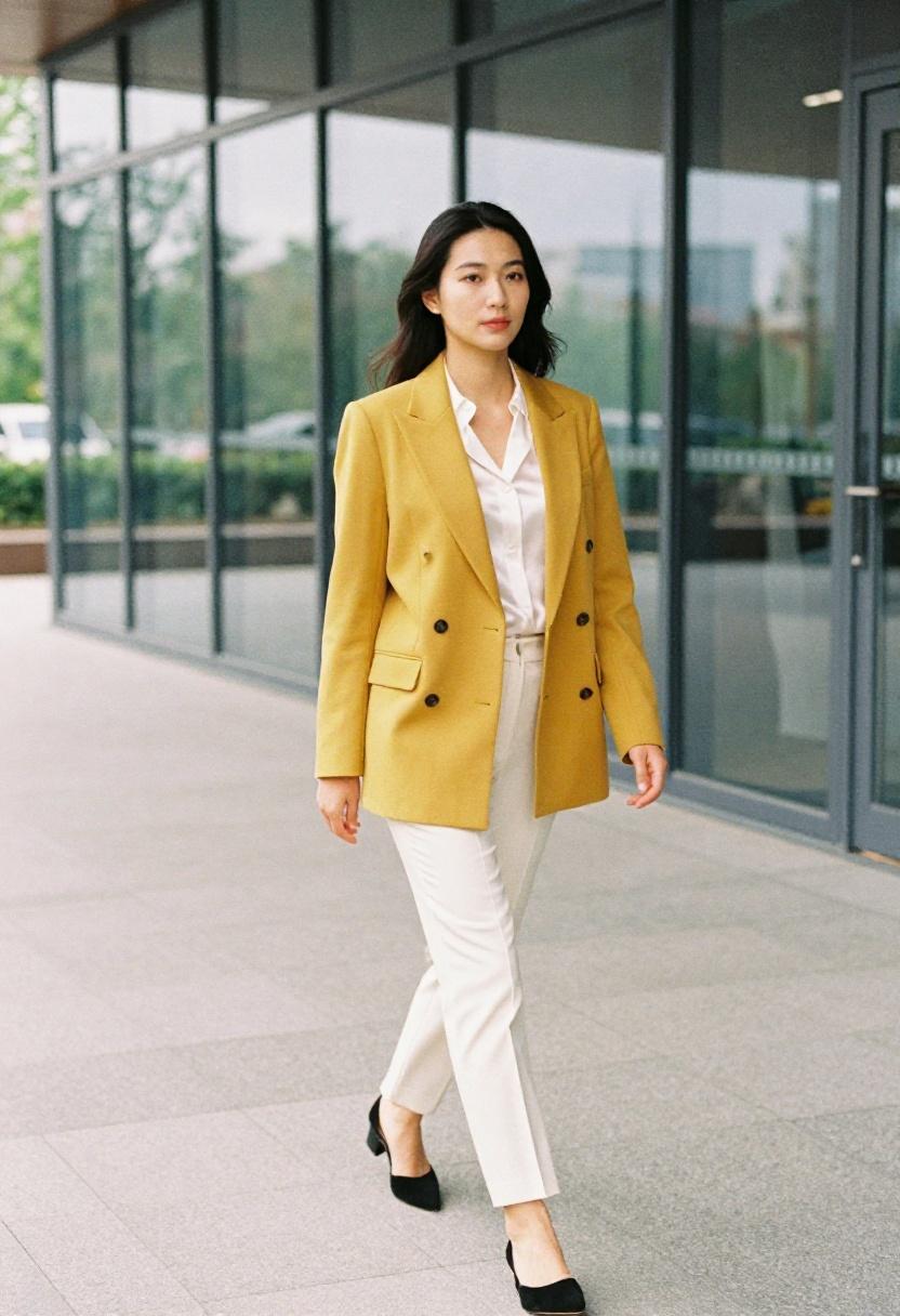 Saffron yellow double breasted blazer for power dressing on a modern architectural walkway