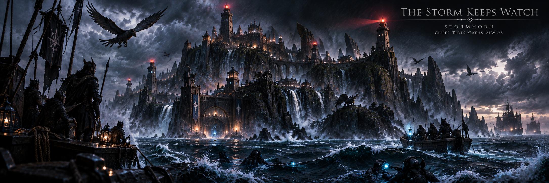 Stormhorn's maritime and cliff defenses watching the island during severe weather