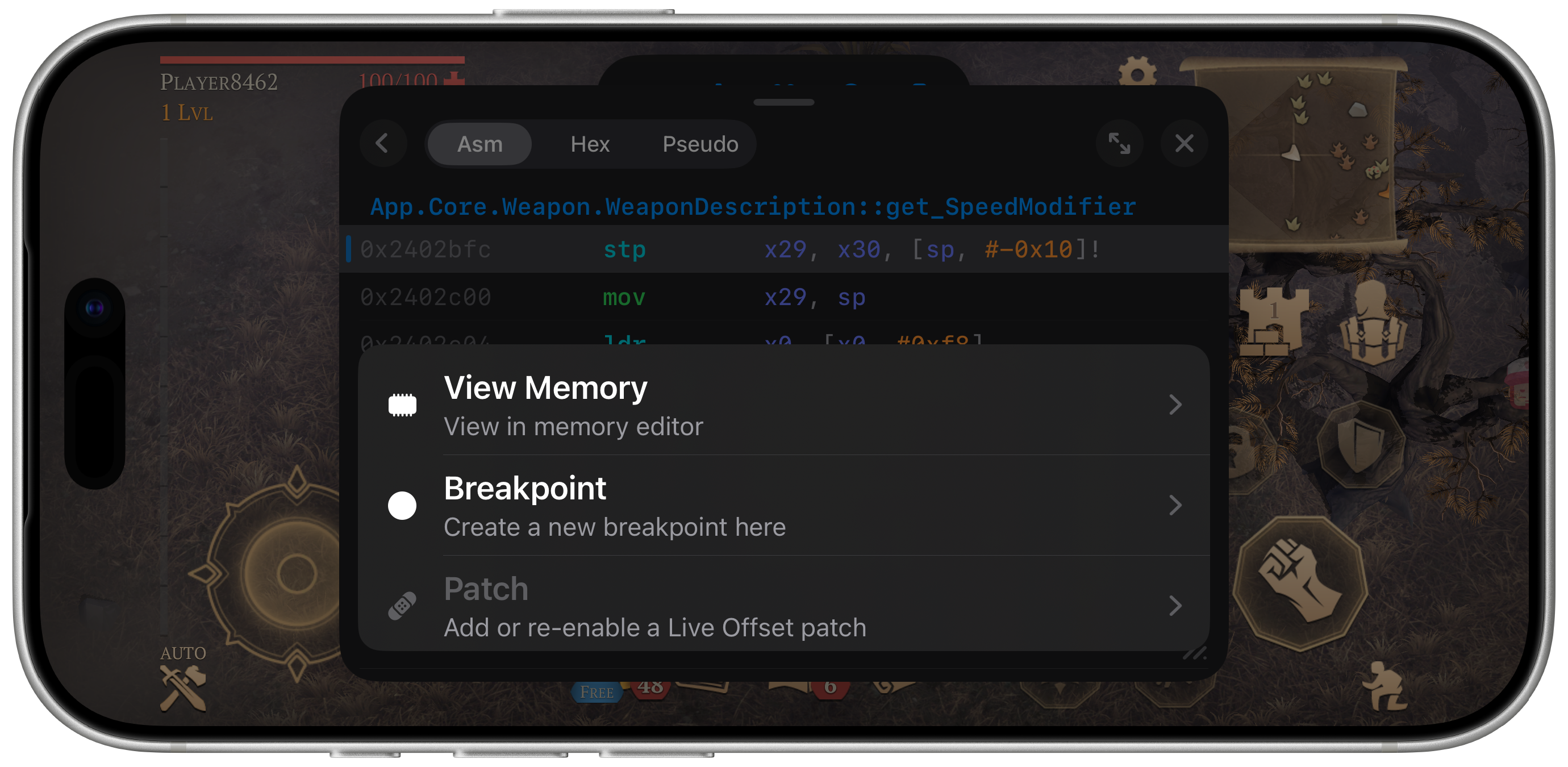 iGameGod iGDisassembler Function Options, Patch, Hex, ASM, Pseudo Code