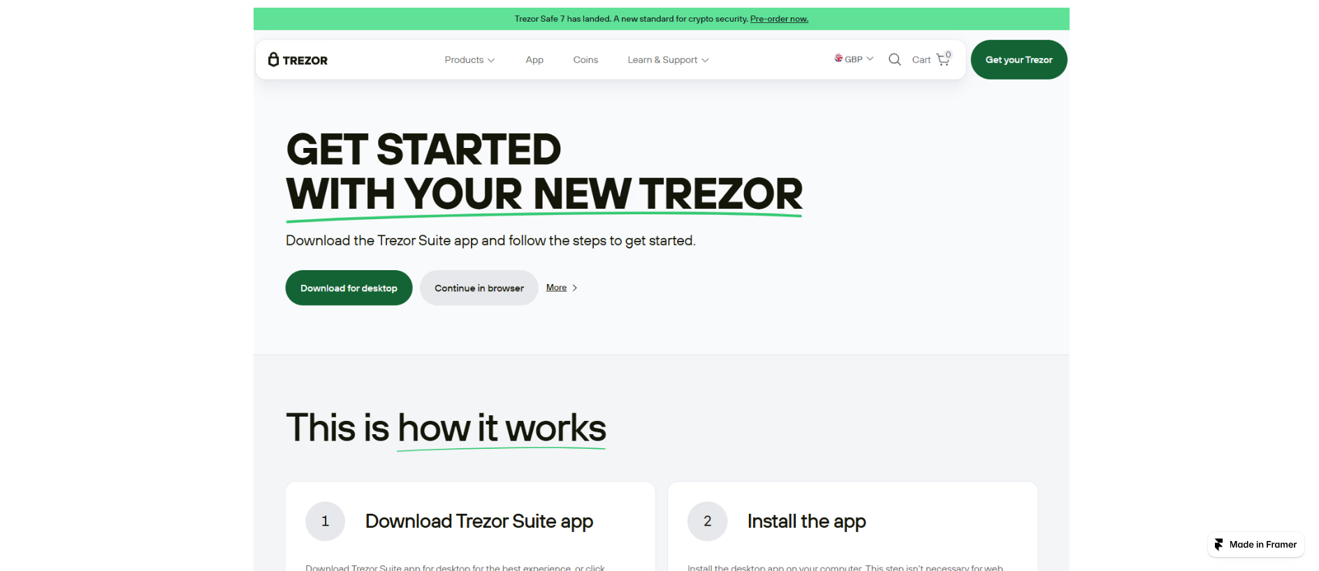 Forensic screenshot of trezer-io-proviide.framer.ai showing the phishing page layout