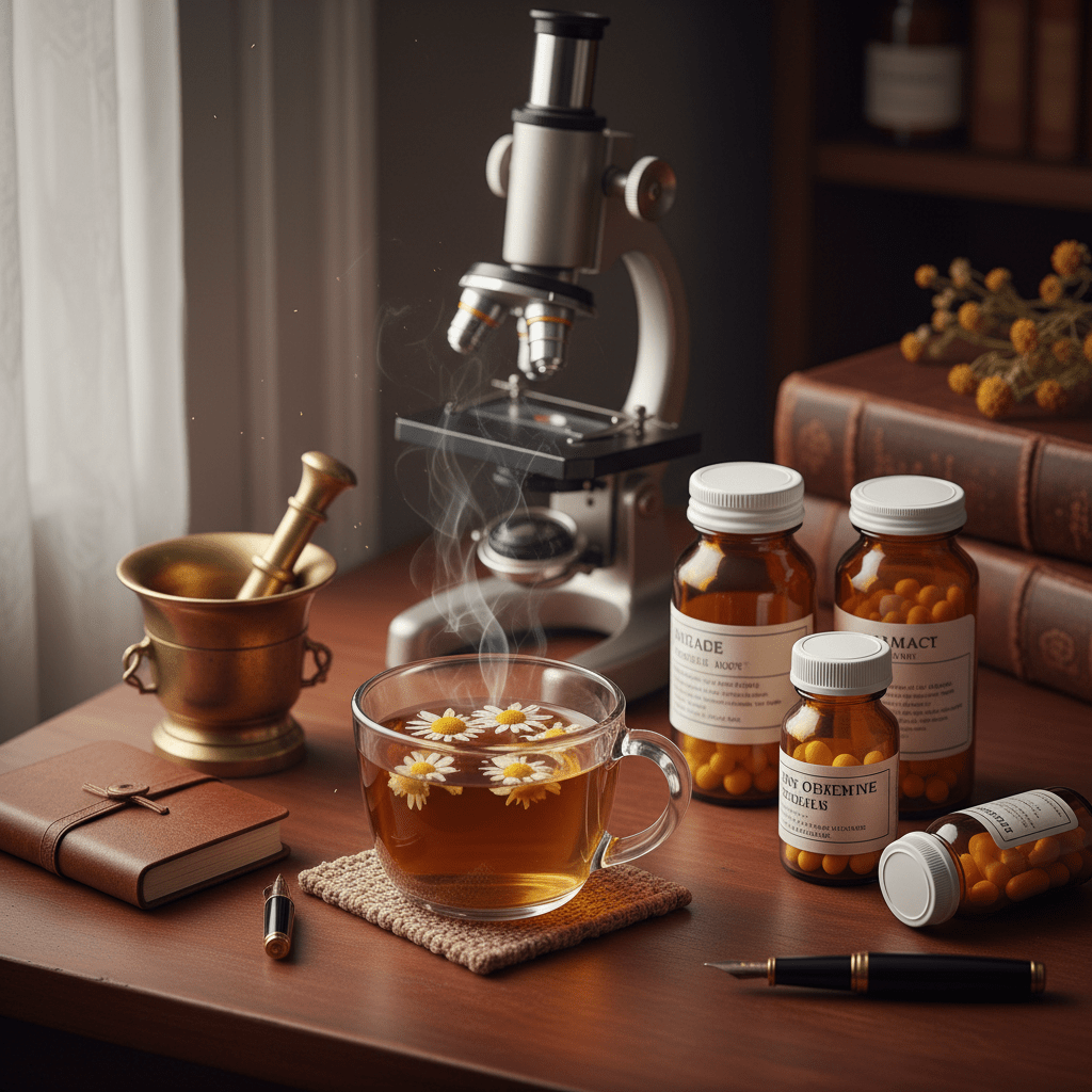 A pharmacist-style desktop with chamomile tea and prescription bottles, showing the need to check medication interactions