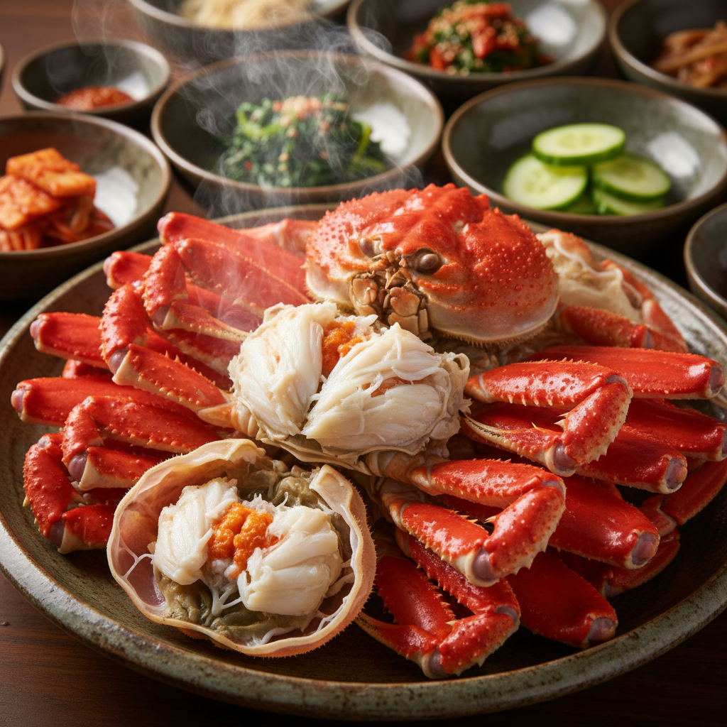 찜기에서 갓 쪄내 김이 모락모락 나는 먹음직스러운 영덕대게