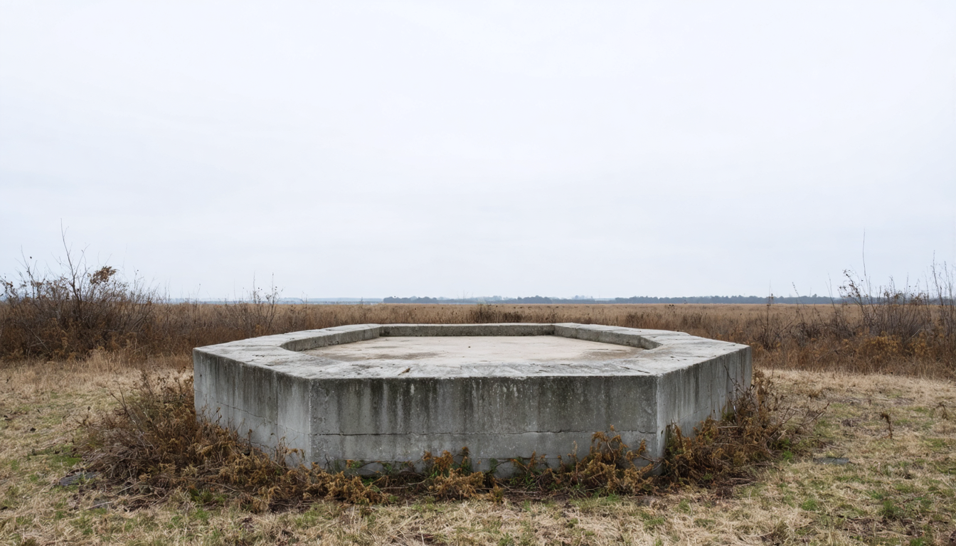 An abandoned concrete tower foundation on a flat coastal landscape under overcast sky, surrounded by low scrub grass.