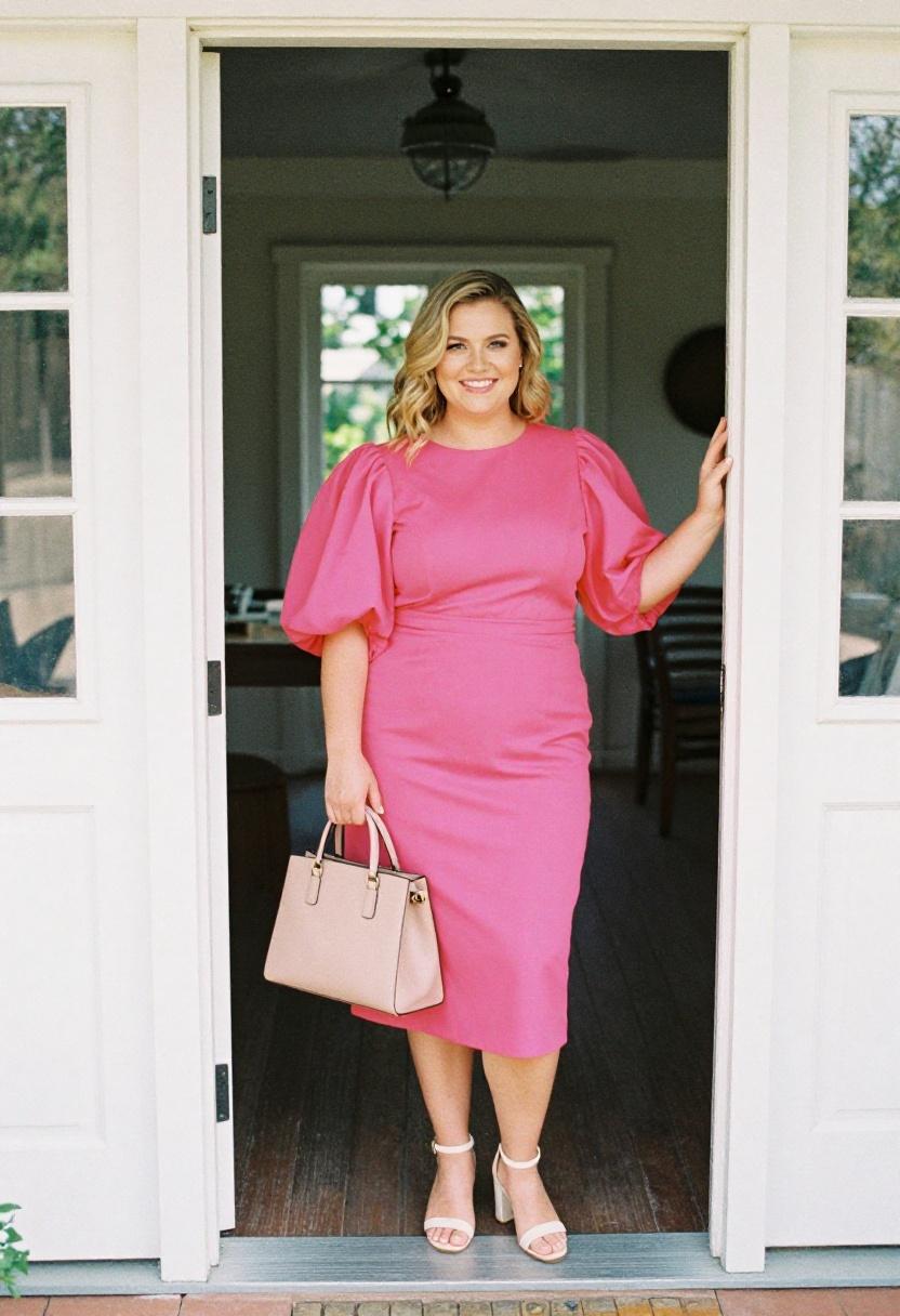 Plus size woman in fuchsia pink puff sleeve fit-and-flare dress framed by a sun-washed white doorway