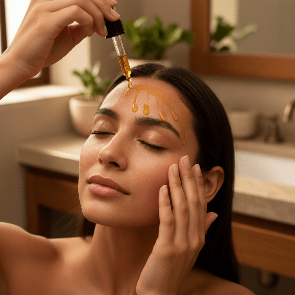 A person applying amla seed oil in a calm skincare and haircare routine