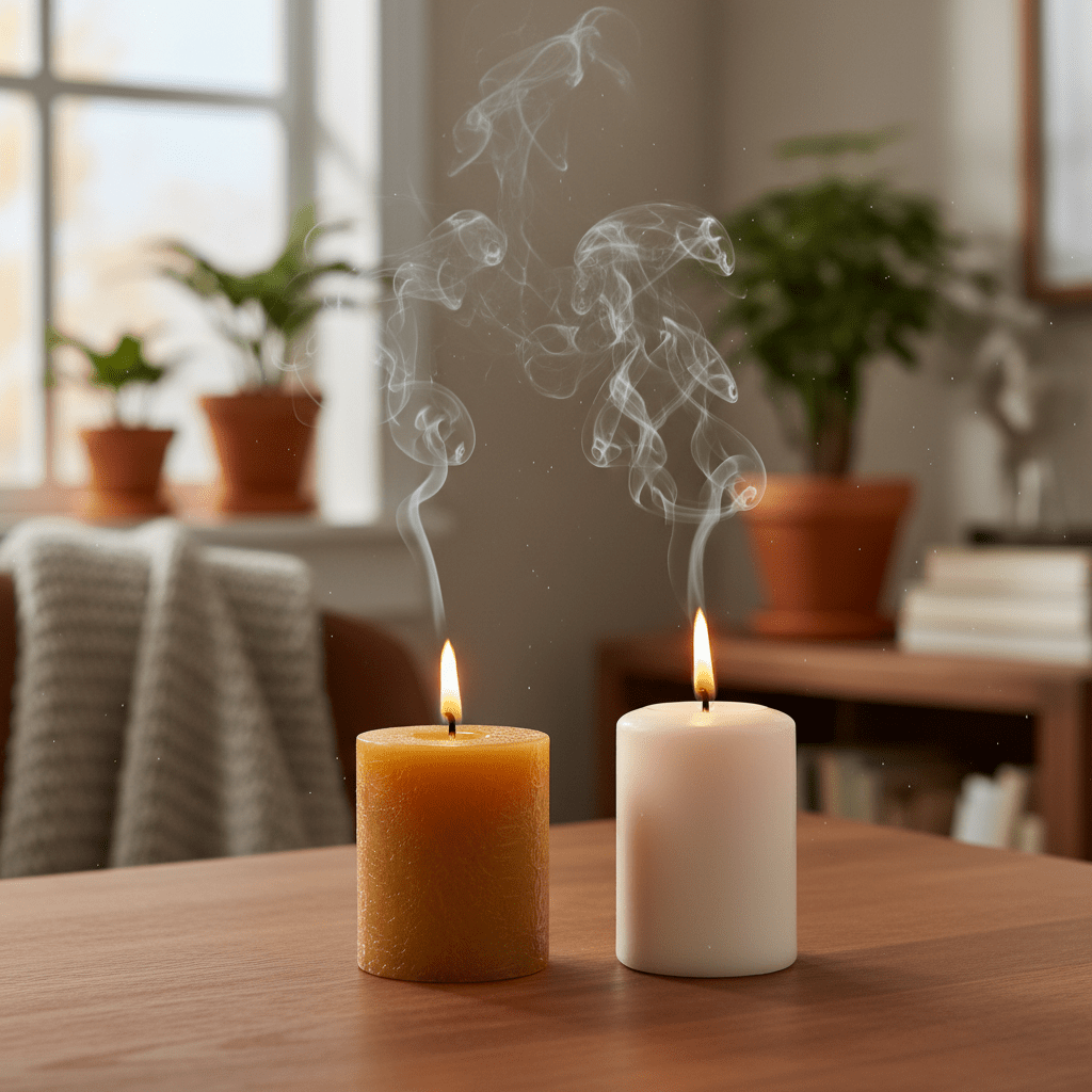 A clean natural candle comparison scene showing beeswax and paraffin candles with subtle smoke differences in a bright home interior